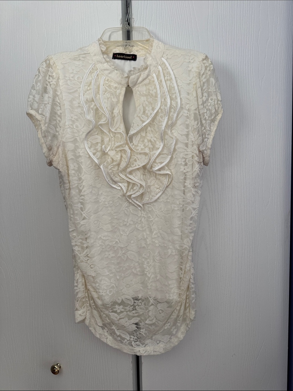 HeartSoul Ivory Lace Ruffle Front Short Sleeve Blouse